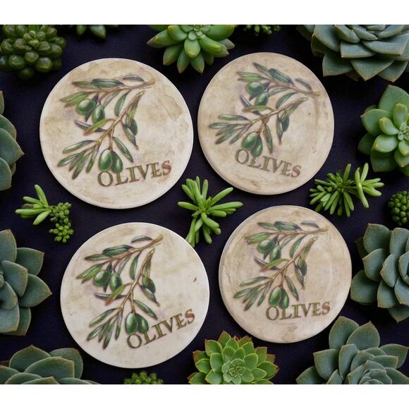 Ceramic Cork Bottom Coasters Set of 4 Olive Branch Design Matte Finish 4" - Picture 2 of 4